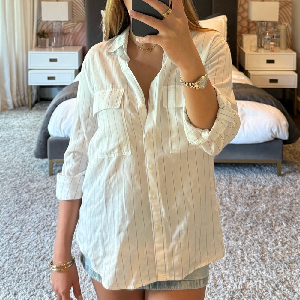 Babaton White and Blue Striped Button-Up Shirt